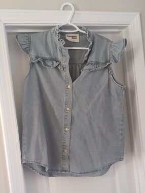 Savanna Jane Light Blue Denim Ruffle Sleeve Blouse